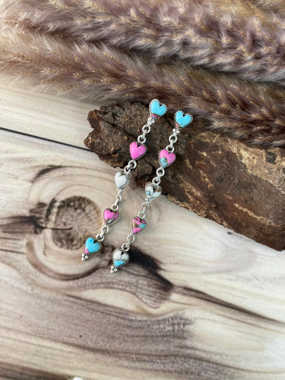 Handmade Sterling Silver Cotton Candy Post Dangle Heart Earrings Signed Nizhoni