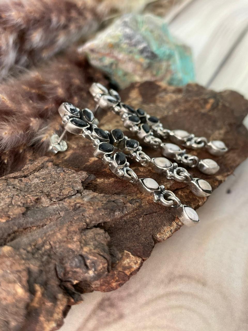 Handmade Sterling Silver White Buffalo Post Dangle Earrings Signed Nizhoni