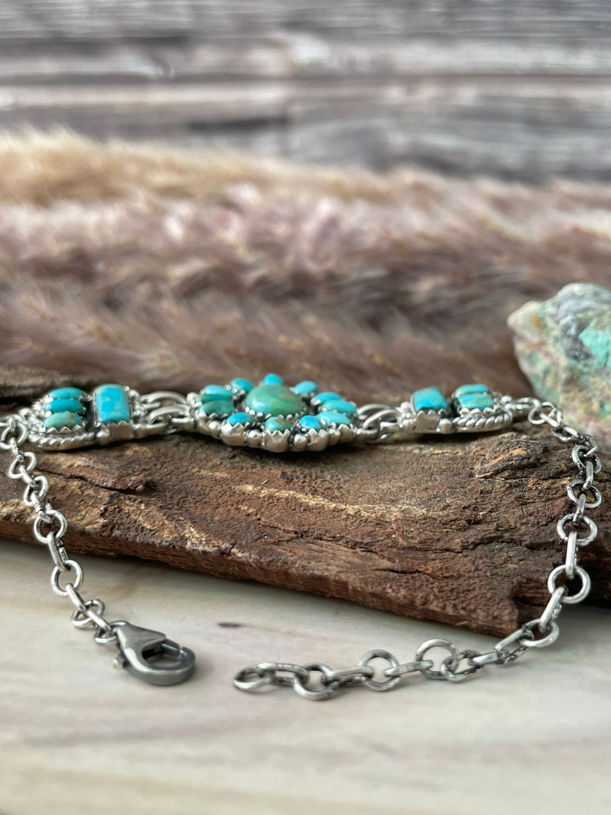 Handmade Sterling Silver Kingman Turquoise Chain Bracelet Signed Nizhoni