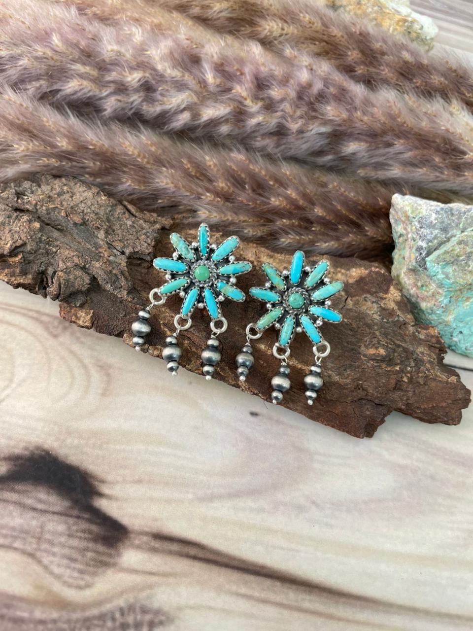 Handmade Sterling Silver Kingman Turquoise Post Dangle Beaded Earrings Signed Nizhoni