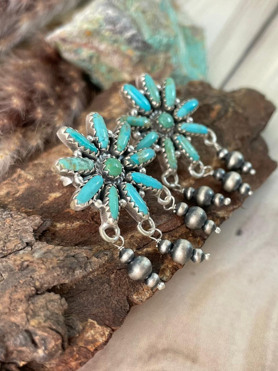 Handmade Sterling Silver Kingman Turquoise Post Dangle Beaded Earrings Signed Nizhoni