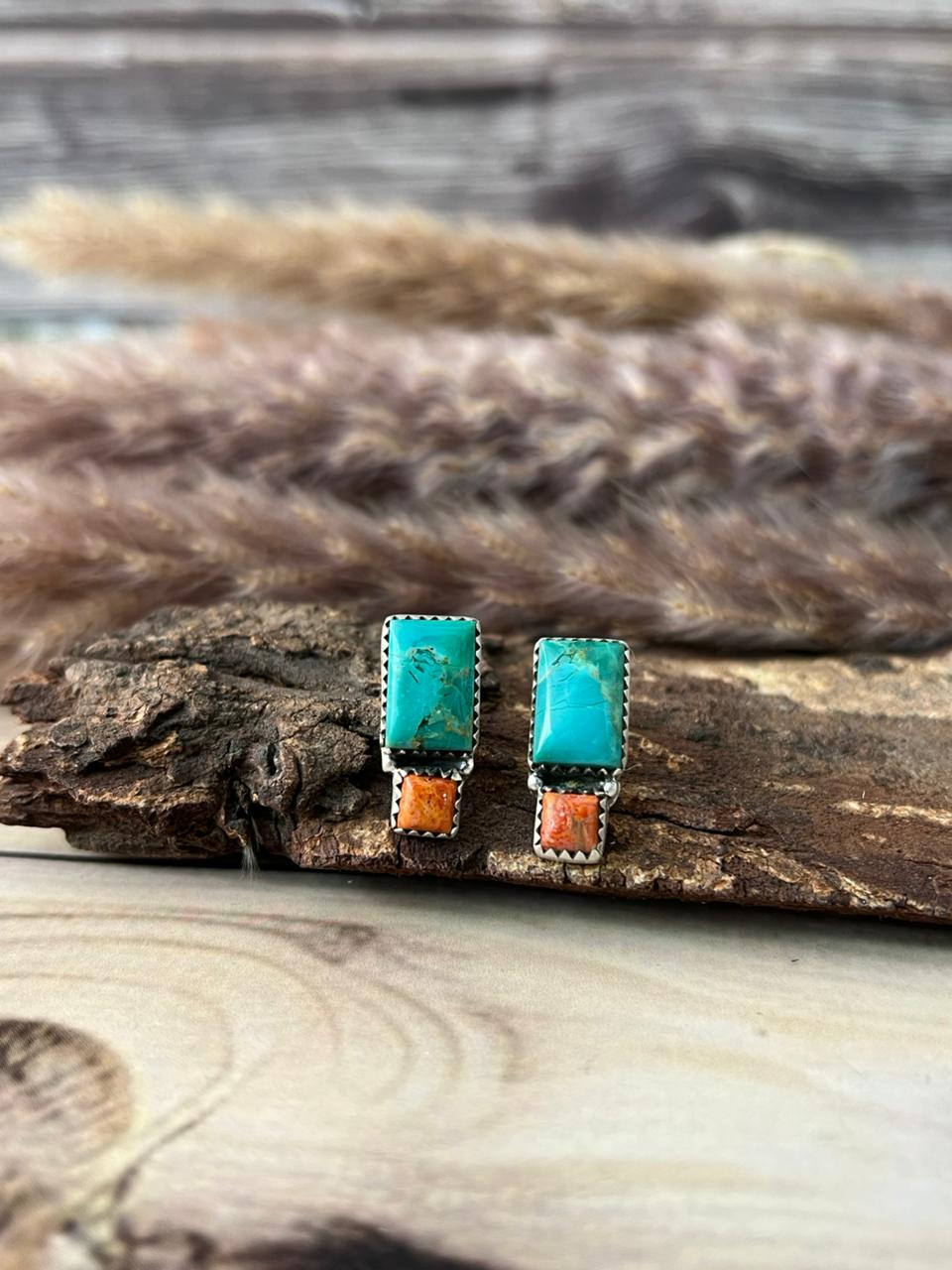 Handmade Sterling Silver Orange Mojave with Kingman Turquoise Post Studs Earrings Signed Nizhoni