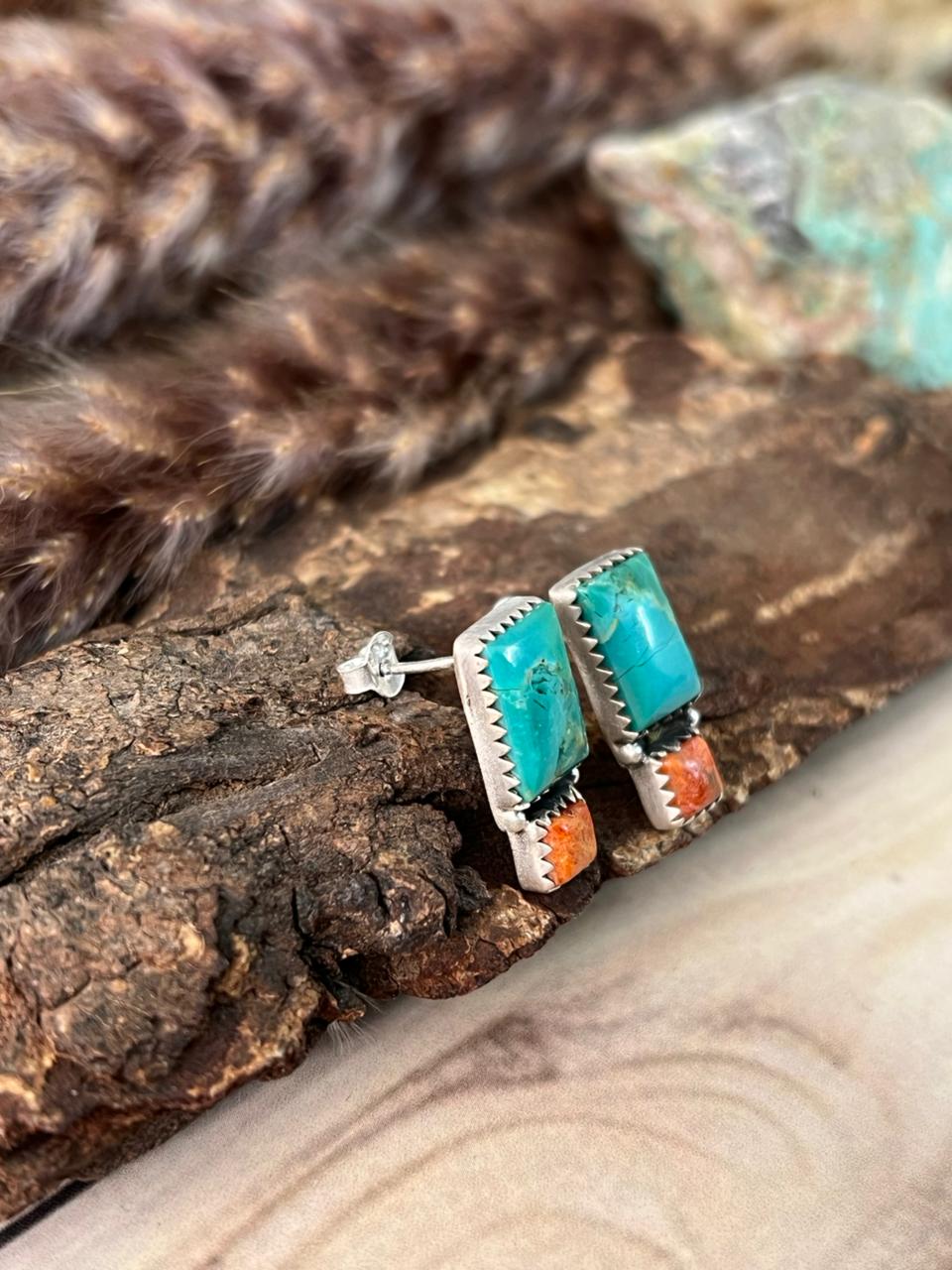 Handmade Sterling Silver Orange Mojave with Kingman Turquoise Post Studs Earrings Signed Nizhoni