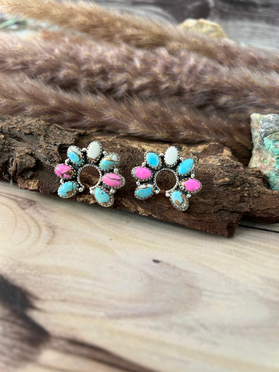 Handmade Sterling Silver Cotton Candy Post Naja Studs Earrings Signed Nizhoni