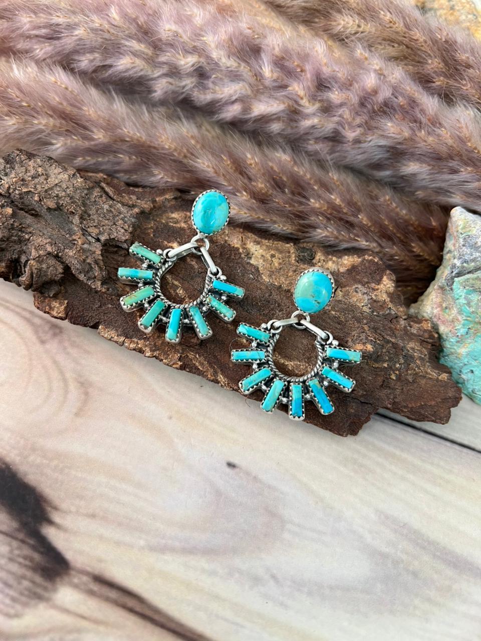 Handmade Sterling Silver Kingman Turquoise Post Dangle Earrings Signed Nizhoni
