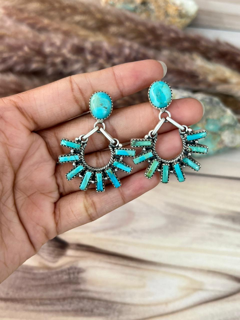 Handmade Sterling Silver Kingman Turquoise Post Dangle Earrings Signed Nizhoni