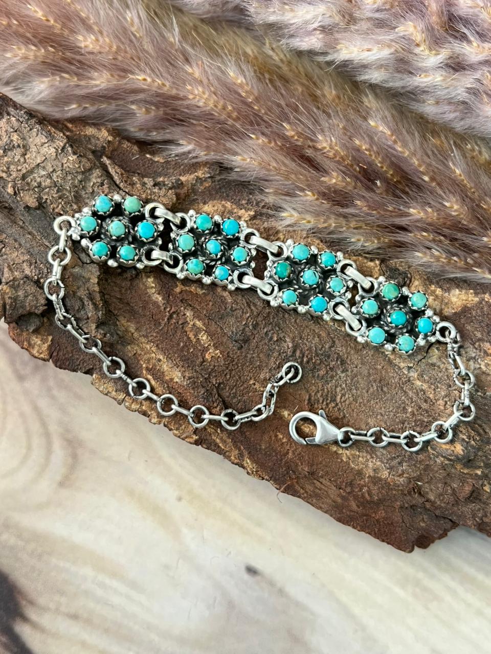 Handmade Sterling Silver Kingman Turquoise Chain Bracelet Signed Nizhoni (5)