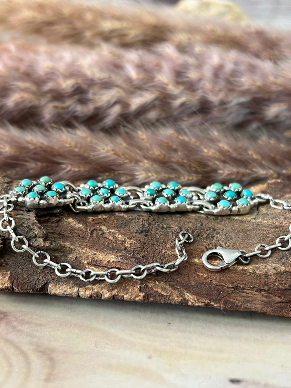 Handmade Sterling Silver Kingman Turquoise Chain Bracelet Signed Nizhoni (5)