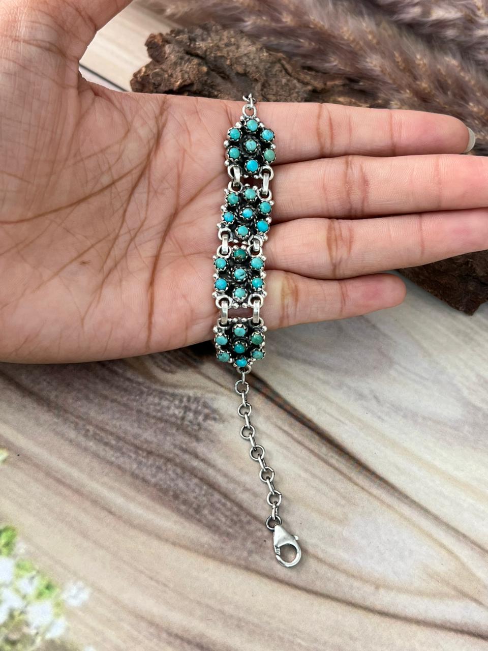 Handmade Sterling Silver Kingman Turquoise Chain Bracelet Signed Nizhoni (5)
