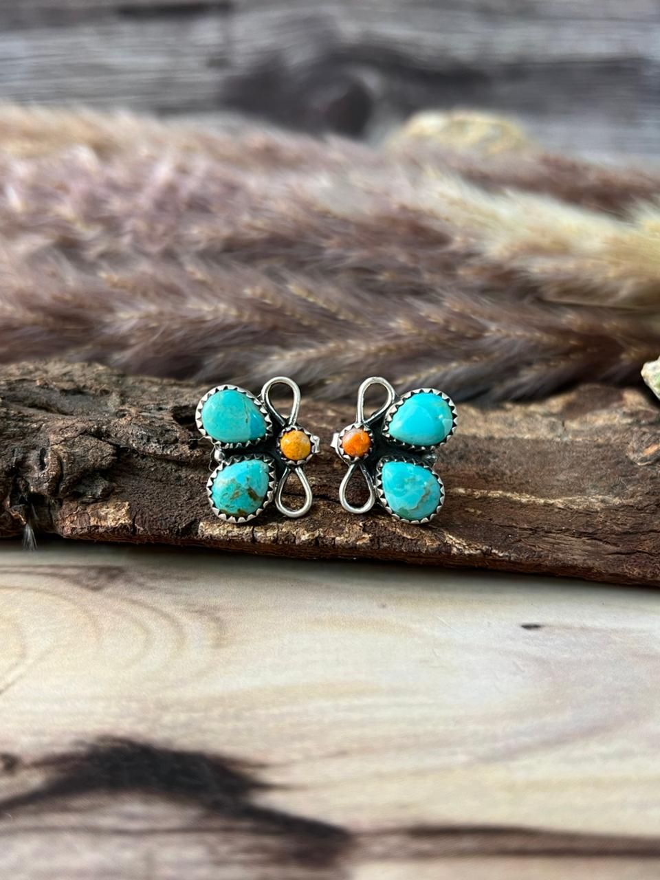 Handmade Sterling Silver Orange Mojave with Kingman Turquoise Post Studs Earrings Signed Nizhoni