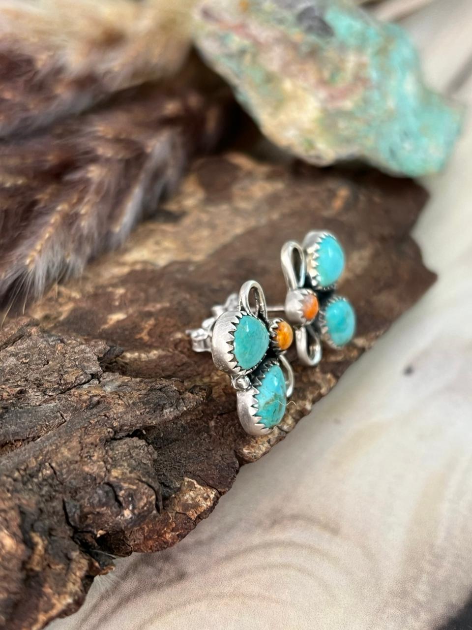 Handmade Sterling Silver Orange Mojave with Kingman Turquoise Post Studs Earrings Signed Nizhoni