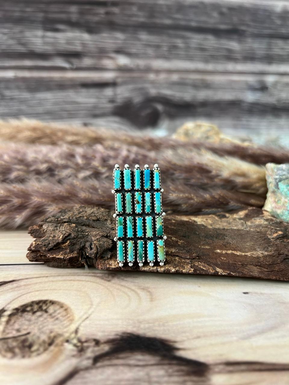 Handmade Sterling Silver Kingman Turquoise Bar Adjustable Ring Signed Nizhoni
