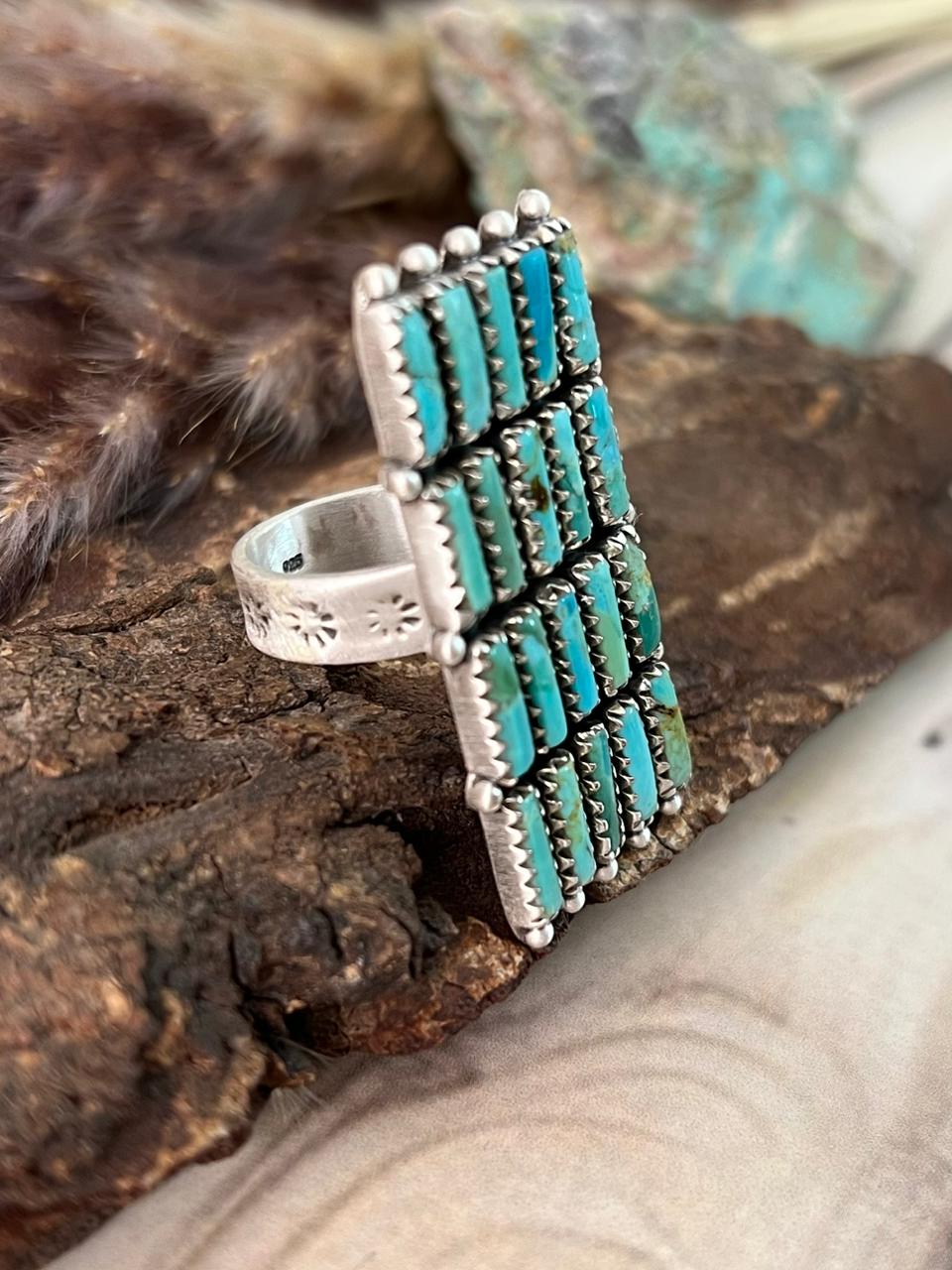 Handmade Sterling Silver Kingman Turquoise Bar Adjustable Ring Signed Nizhoni