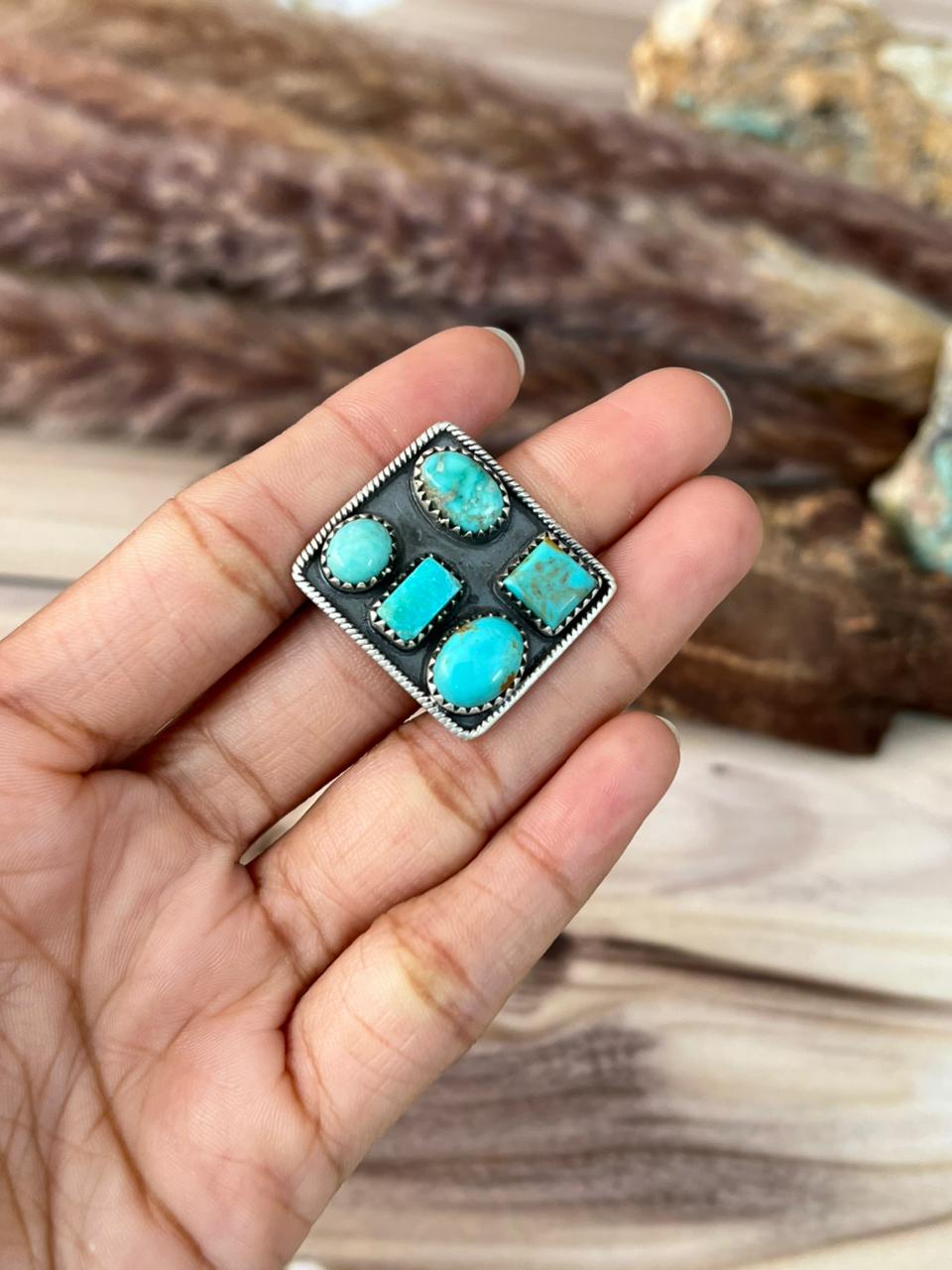 Handmade Sterling Silver Santa Maria Turquoise Adjustable Ring Signed Nizhoni