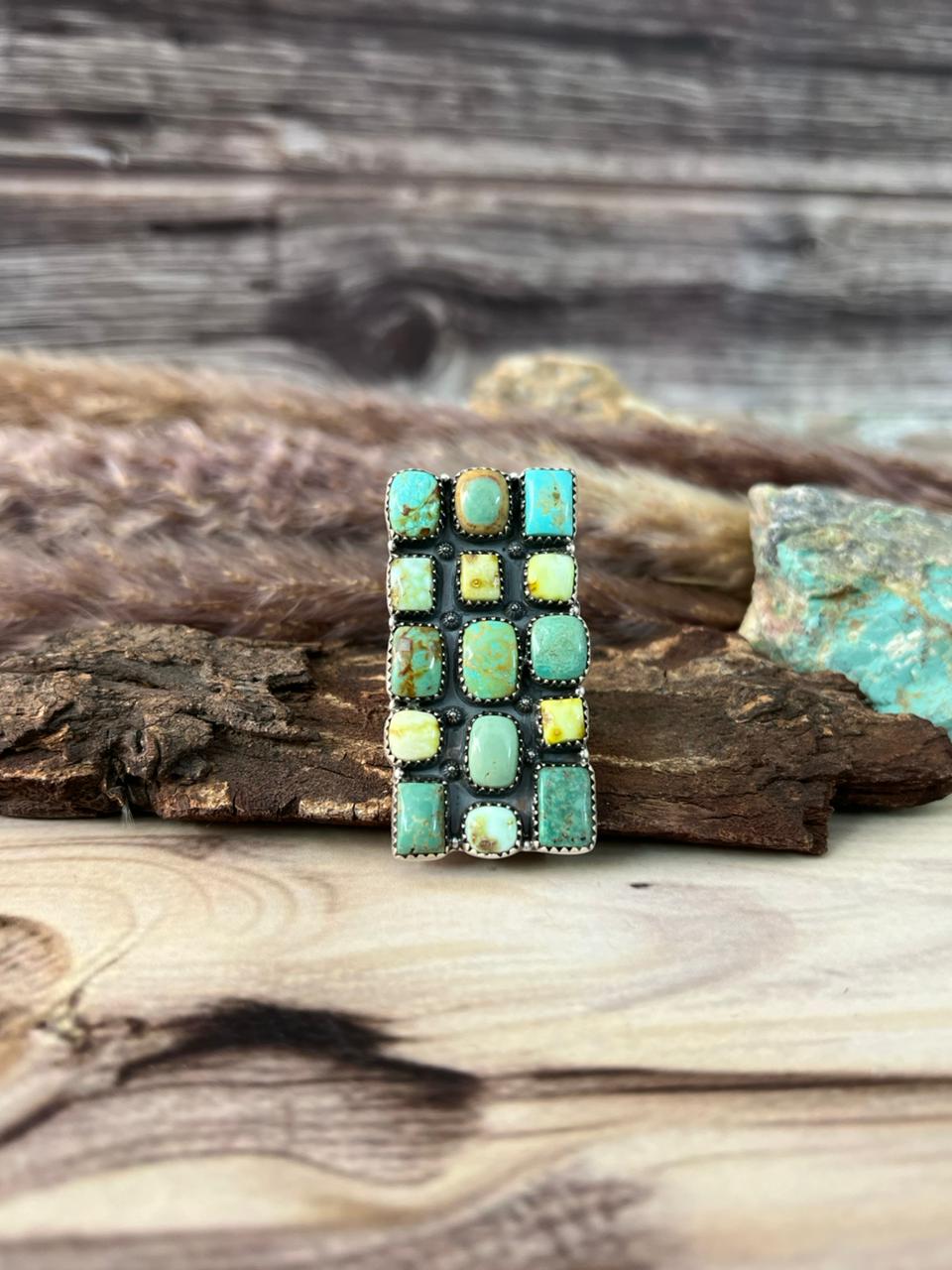 Handmade Sterling Silver Cripple Creek with Palomino Turquoise Bar Adjustable Ring Signed Nizhoni