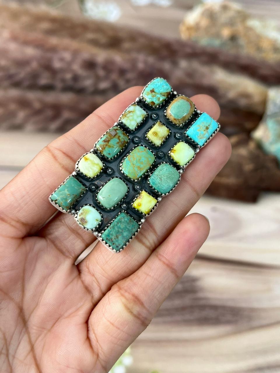 Handmade Sterling Silver Cripple Creek with Palomino Turquoise Bar Adjustable Ring Signed Nizhoni