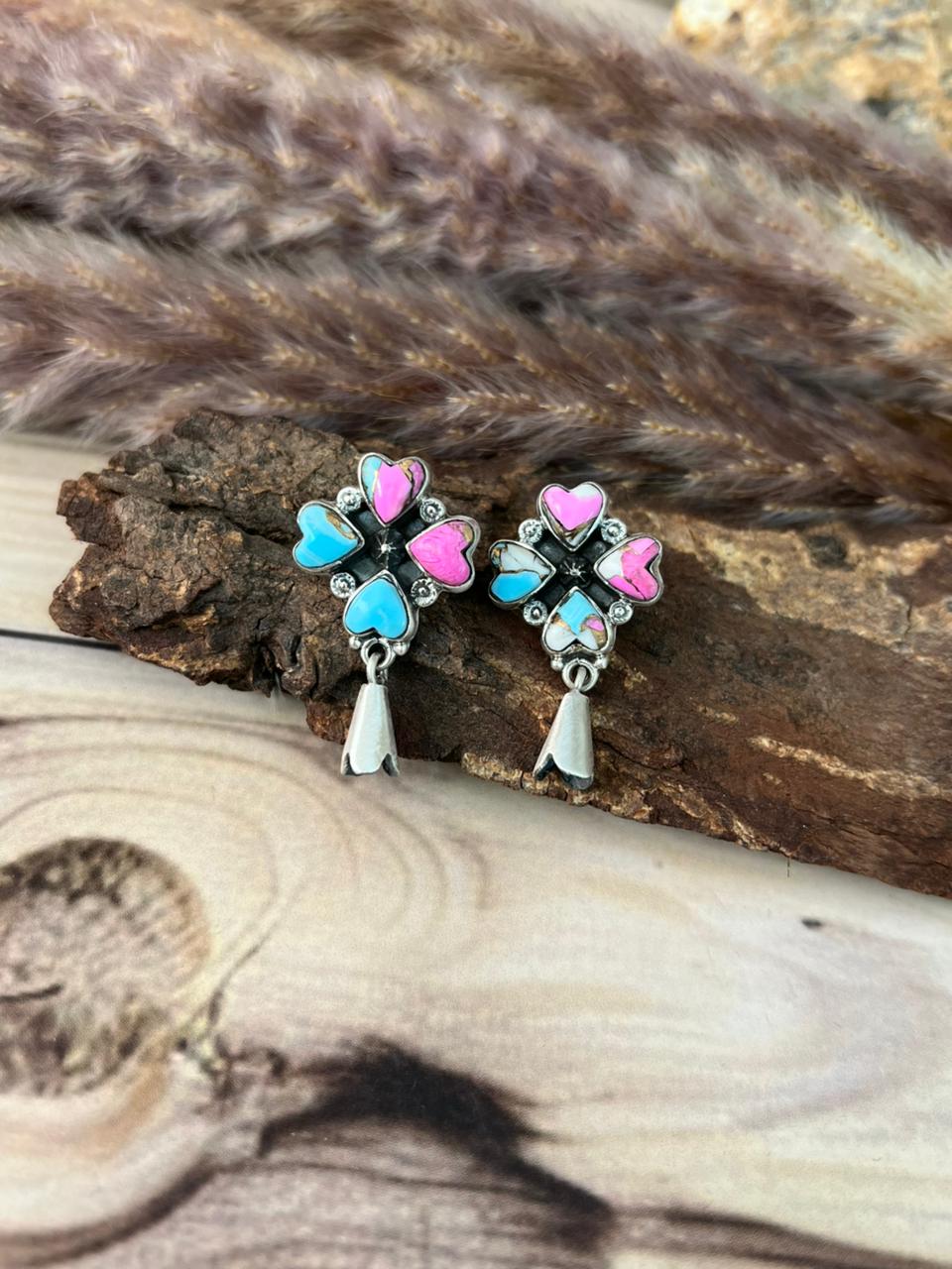 Handmade Sterling Silver Cotton Candy Post Dangle Squash Blossom Earrings Signed Nizhoni