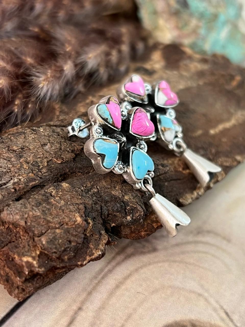 Handmade Sterling Silver Cotton Candy Post Dangle Squash Blossom Earrings Signed Nizhoni