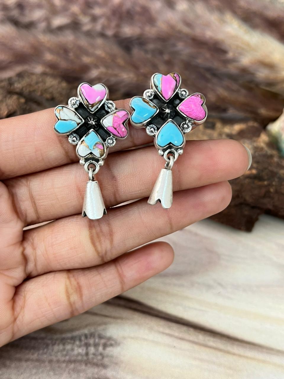 Handmade Sterling Silver Cotton Candy Post Dangle Squash Blossom Earrings Signed Nizhoni