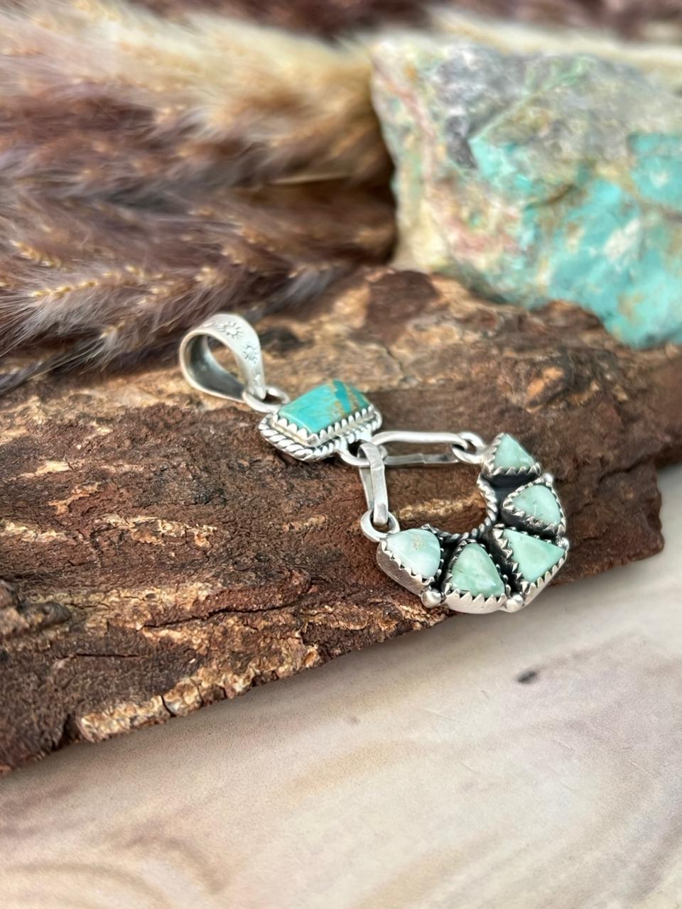 Handmade Sterling Silver Paloma with Kingman Turquoise Pendant Signed Nizhoni