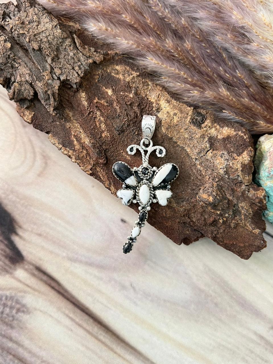 Handmade Sterling Silver White Buffalo Dragonfly Pendant Signed Nizhoni (7)