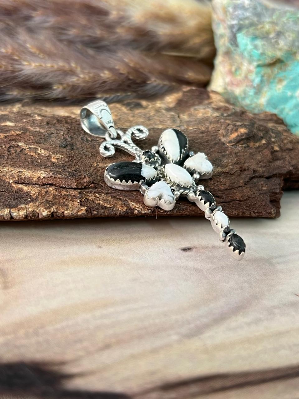 Handmade Sterling Silver White Buffalo Dragonfly Pendant Signed Nizhoni (7)