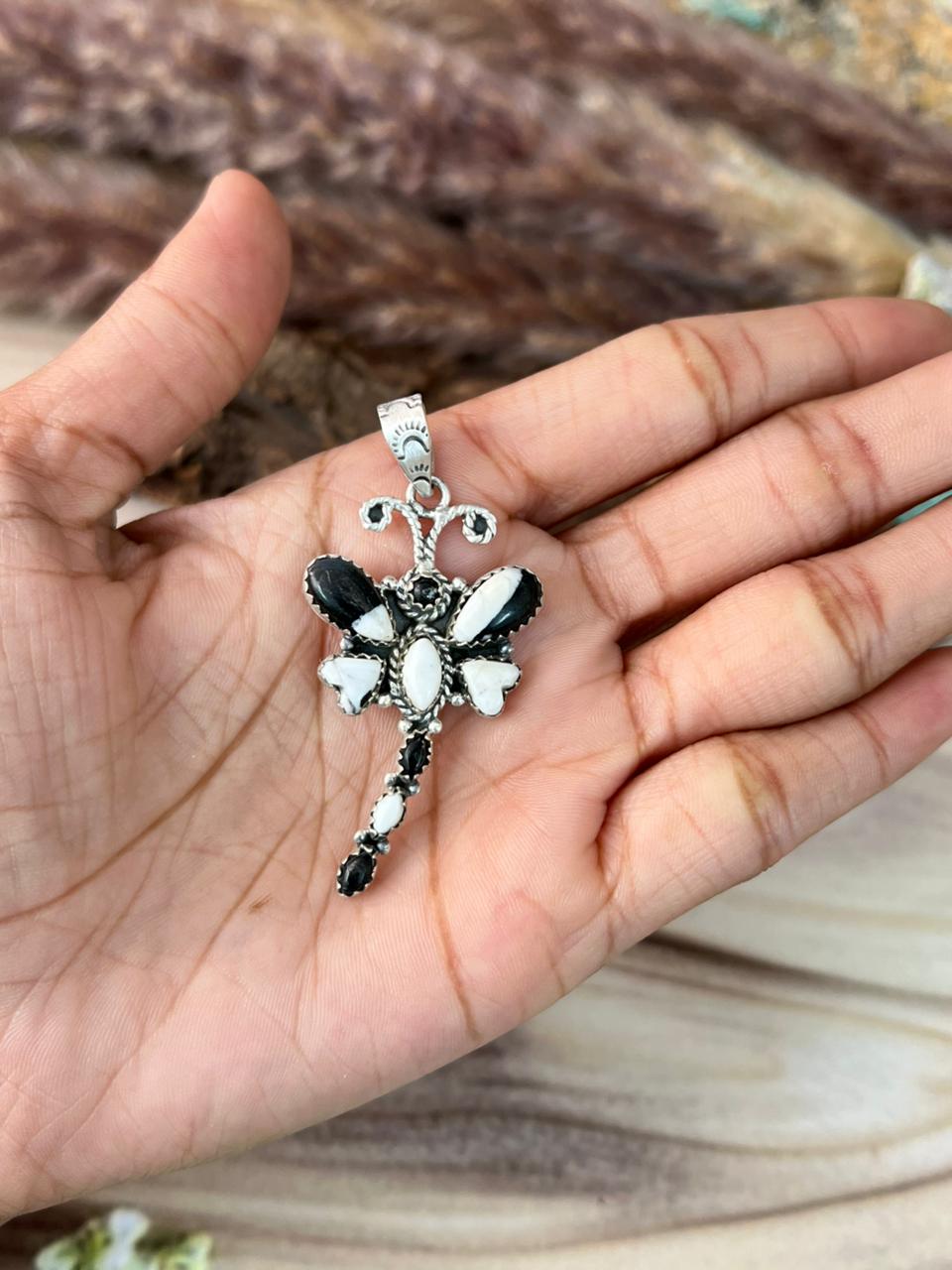 Handmade Sterling Silver White Buffalo Dragonfly Pendant Signed Nizhoni (7)
