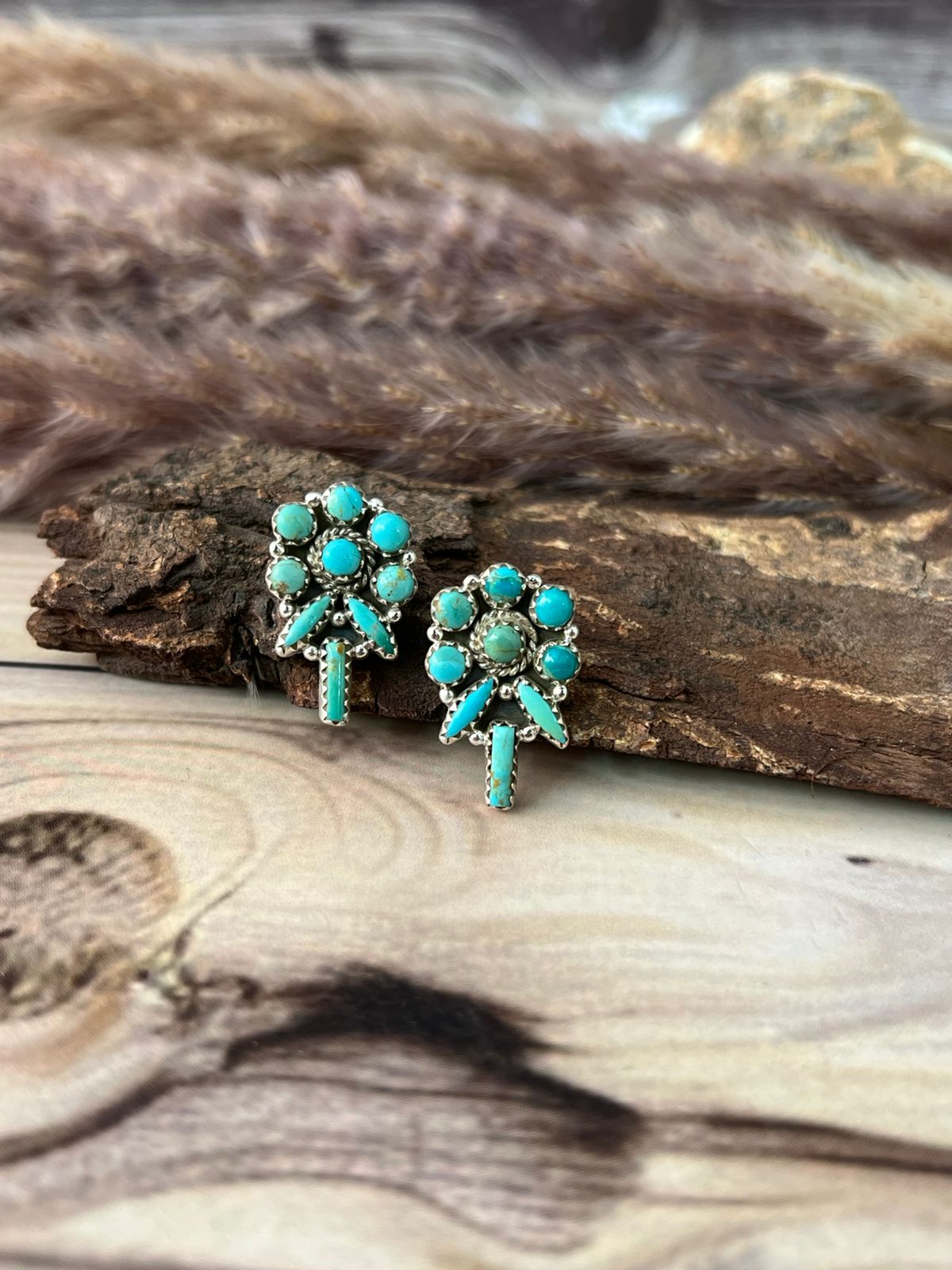 Handmade Sterling Silver Kingman Turquoise Post Studs Earrings Signed Nizhoni