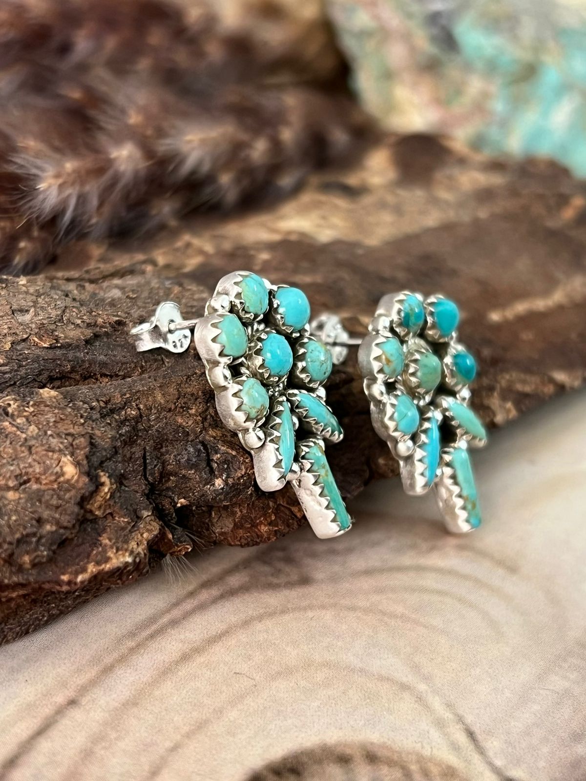 Handmade Sterling Silver Kingman Turquoise Post Studs Earrings Signed Nizhoni