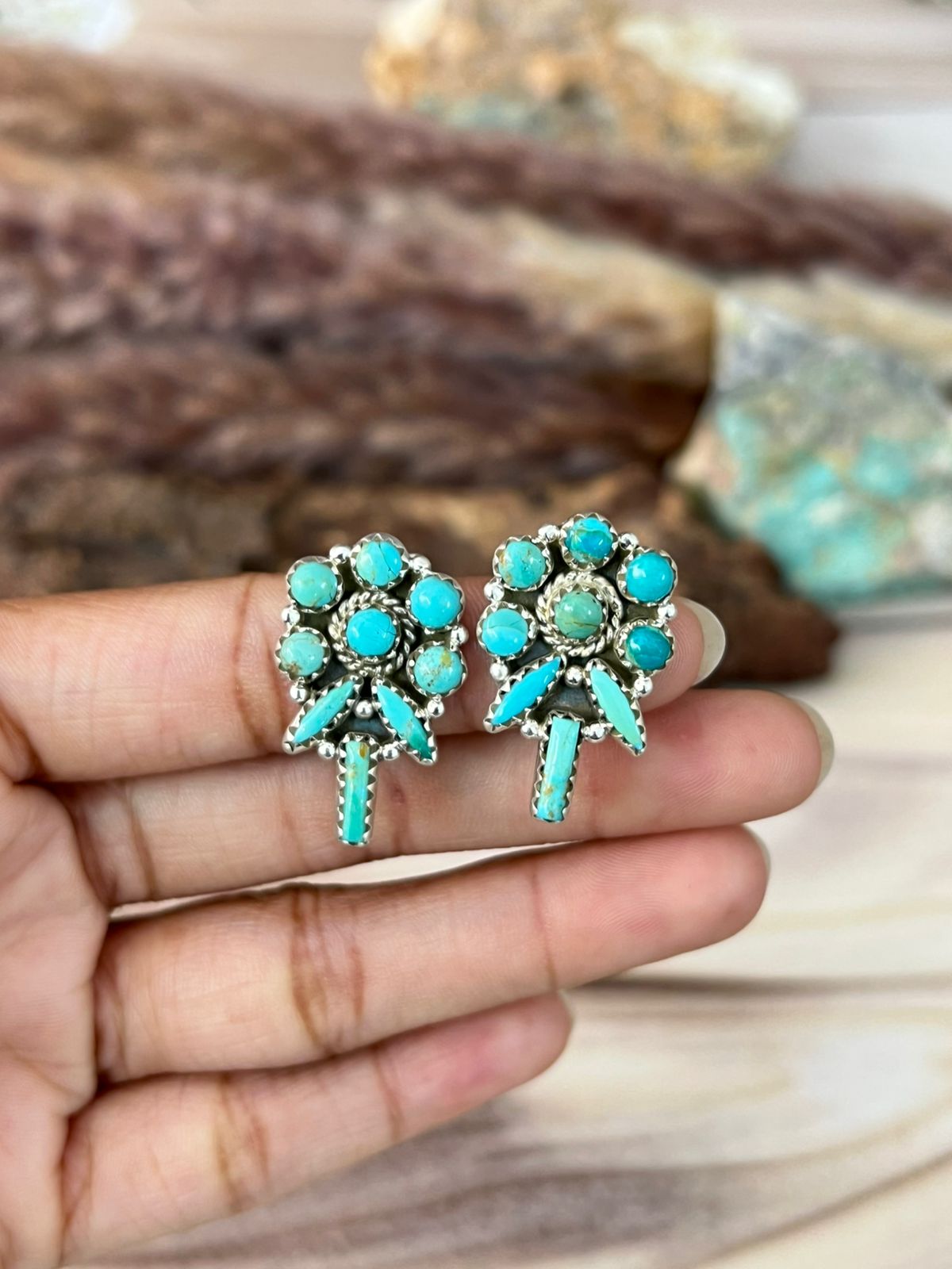 Handmade Sterling Silver Kingman Turquoise Post Studs Earrings Signed Nizhoni