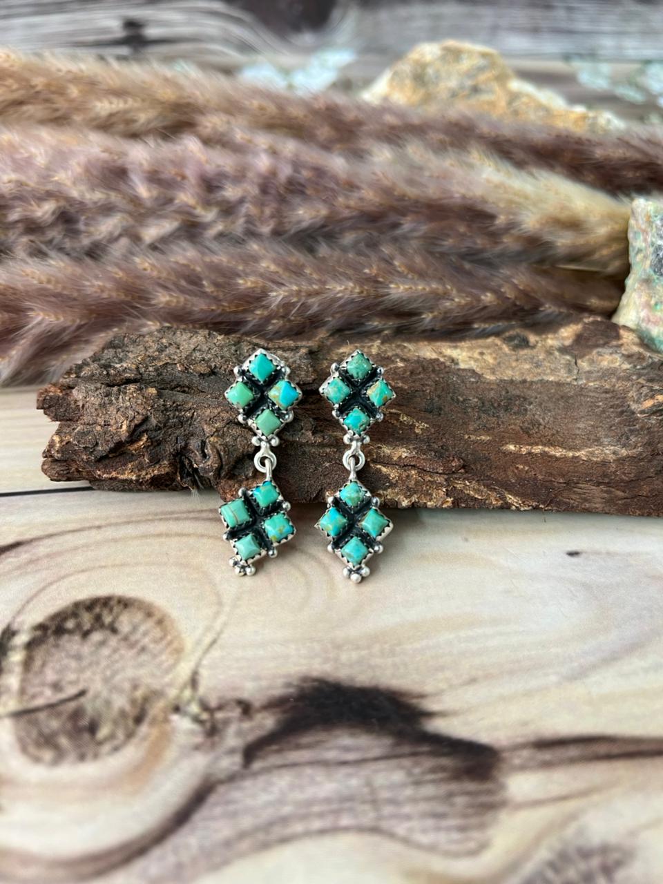 Handmade Sterling Silver Kingman Turquoise Post Dangle Earrings Signed Nizhoni