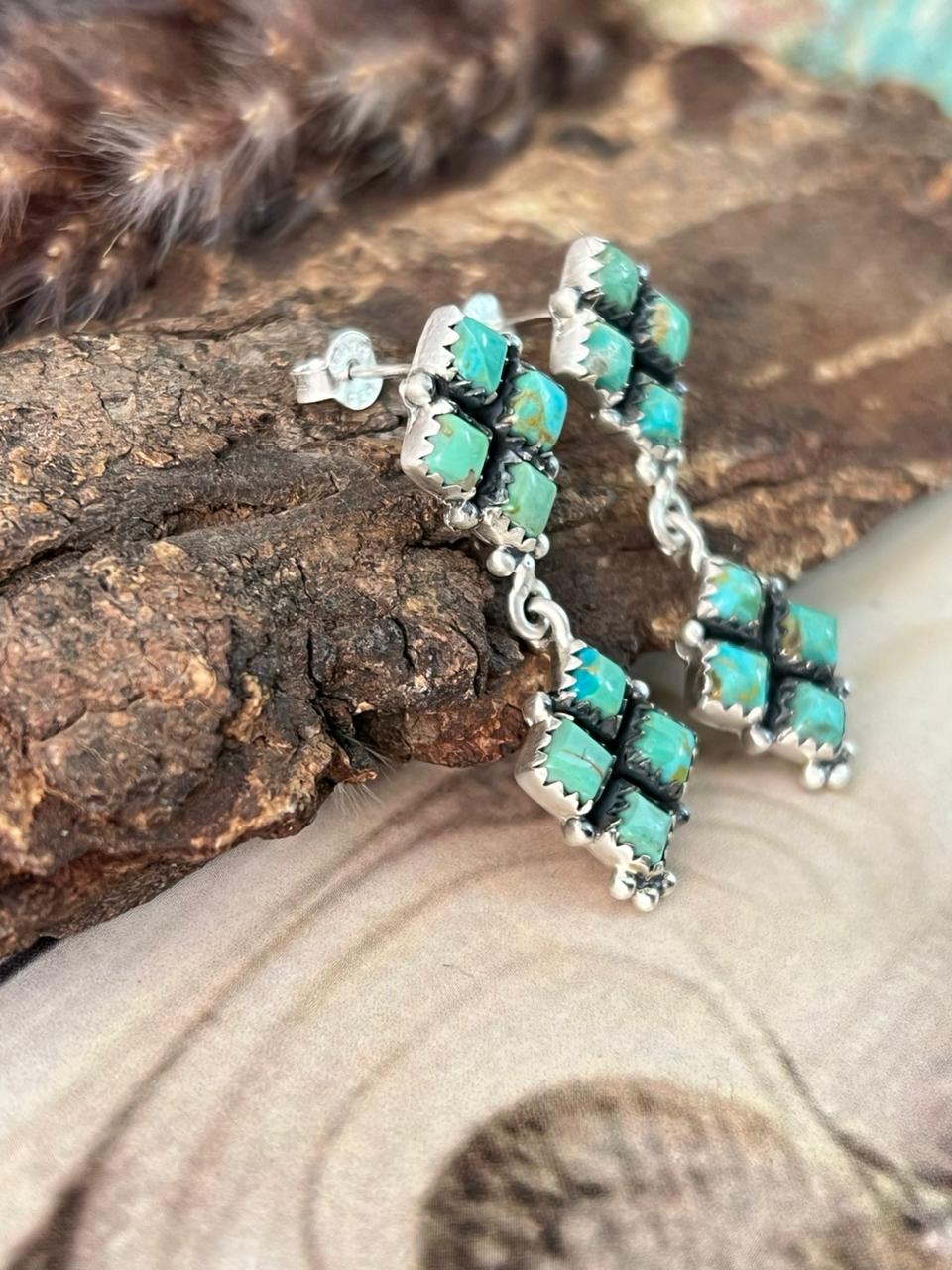 Handmade Sterling Silver Kingman Turquoise Post Dangle Earrings Signed Nizhoni