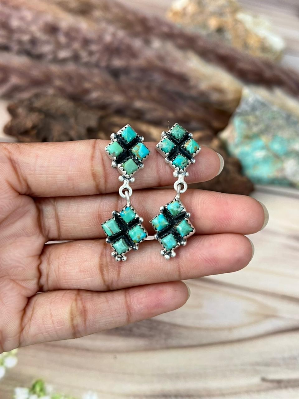 Handmade Sterling Silver Kingman Turquoise Post Dangle Earrings Signed Nizhoni