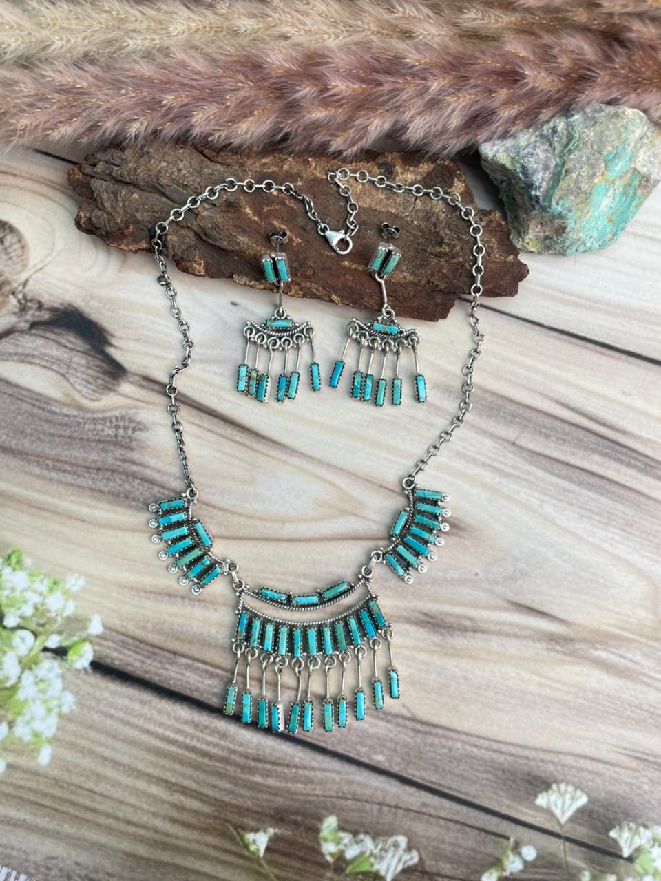 Handmade Sterling Silver Kingman Turquoise Necklace and Earrings Set Signed Nizhoni