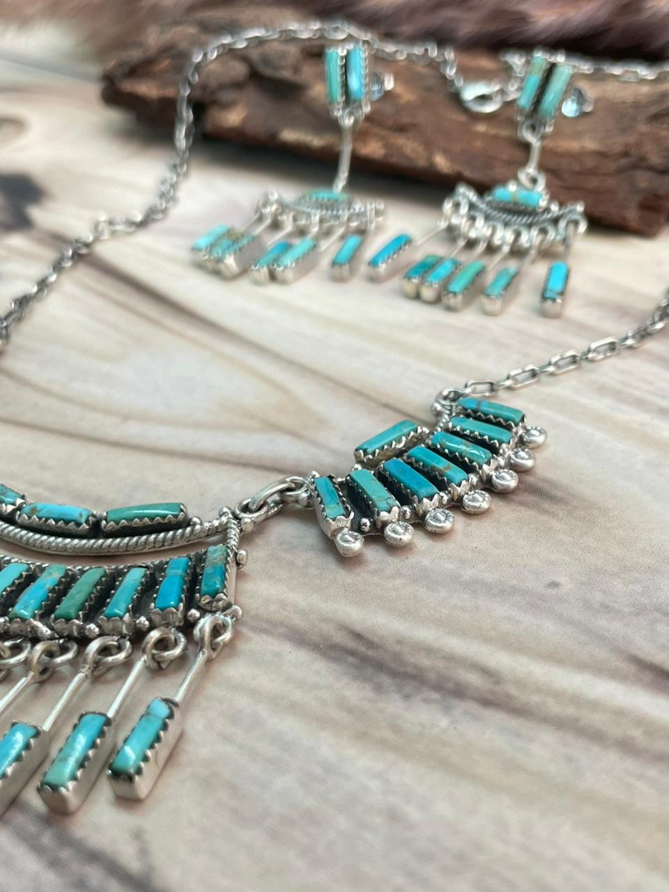 Handmade Sterling Silver Kingman Turquoise Necklace and Earrings Set Signed Nizhoni