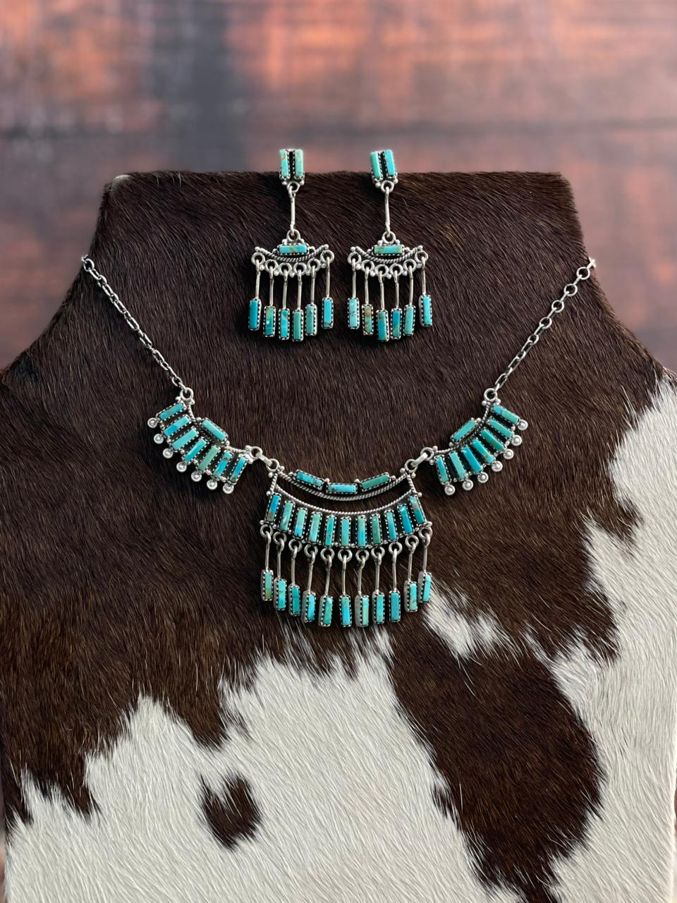 Handmade Sterling Silver Kingman Turquoise Necklace and Earrings Set Signed Nizhoni