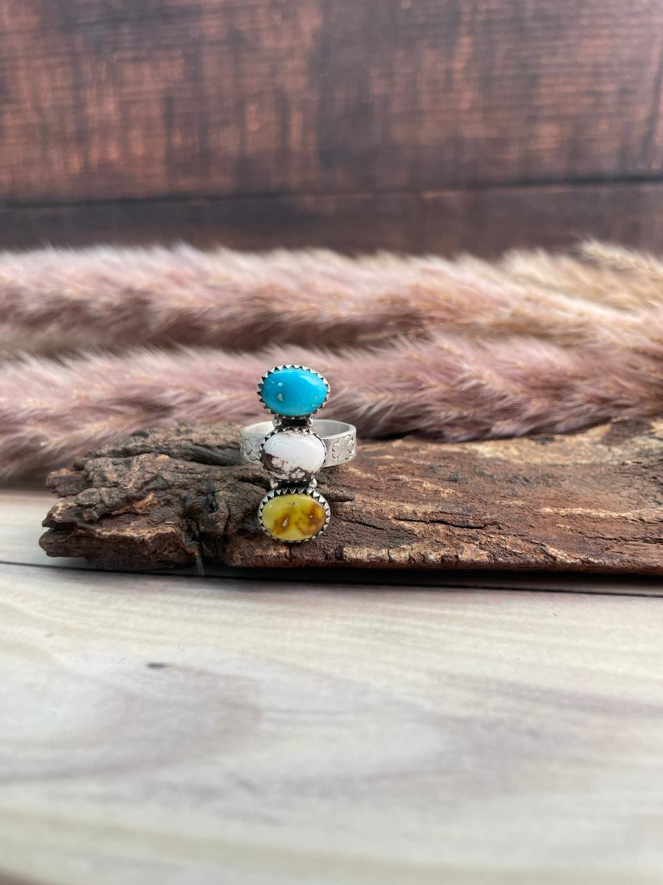 Handmade Sterling Silver Palomino with Wildhorse Magnesite and Sierra Bella Turquoise Adjustable Ring Signed Nizhoni