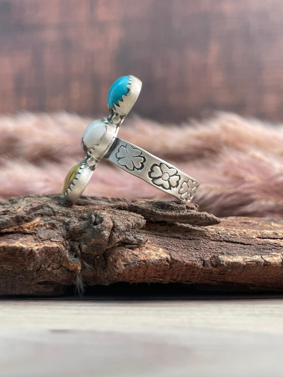 Handmade Sterling Silver Palomino with Wildhorse Magnesite and Sierra Bella Turquoise Adjustable Ring Signed Nizhoni