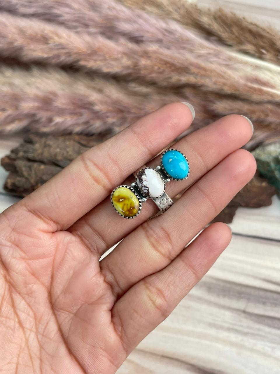 Handmade Sterling Silver Palomino with Wildhorse Magnesite and Sierra Bella Turquoise Adjustable Ring Signed Nizhoni
