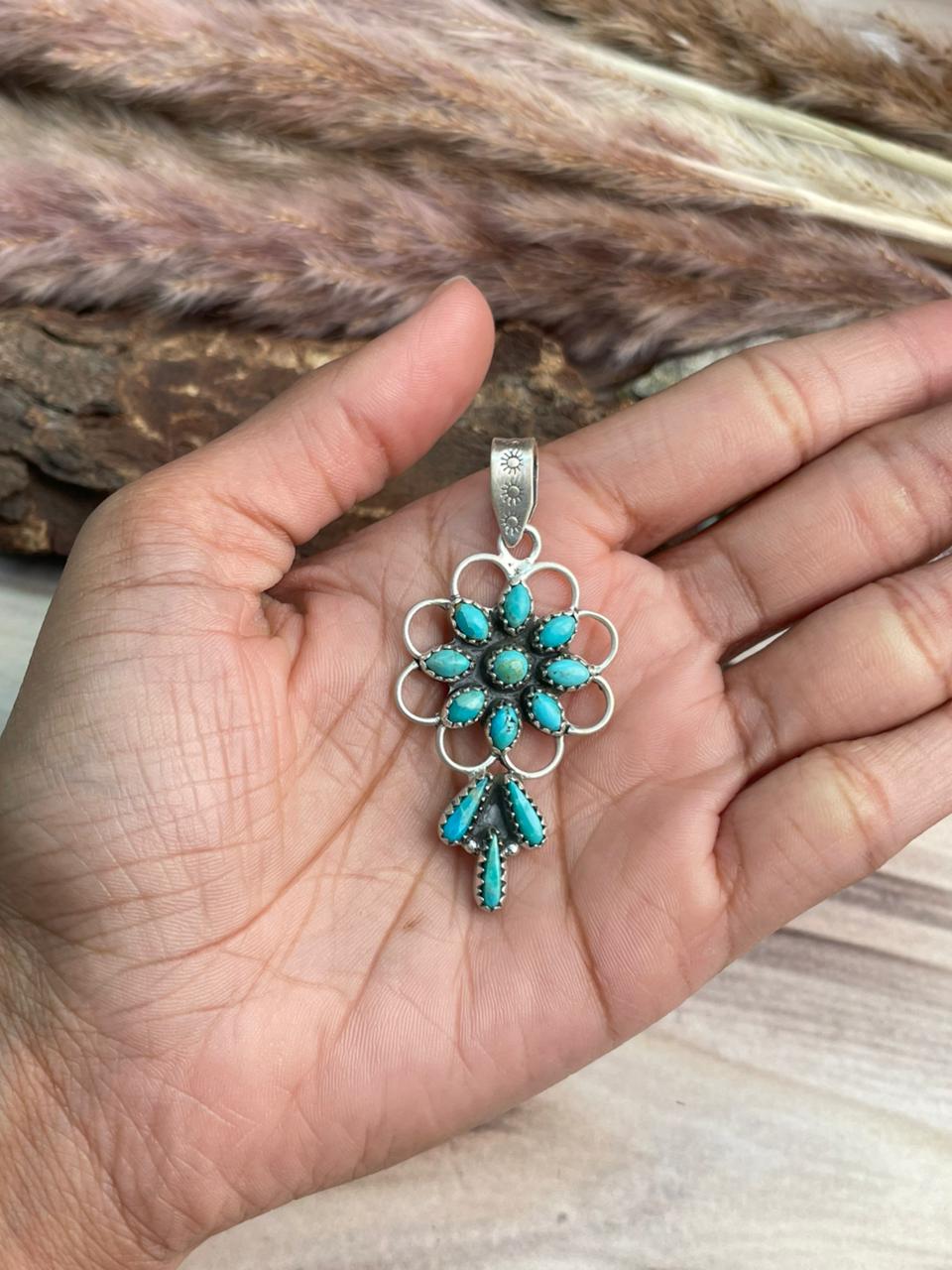 Handmade Sterling Silver Kingman Turquoise Pendant Signed Nizhoni