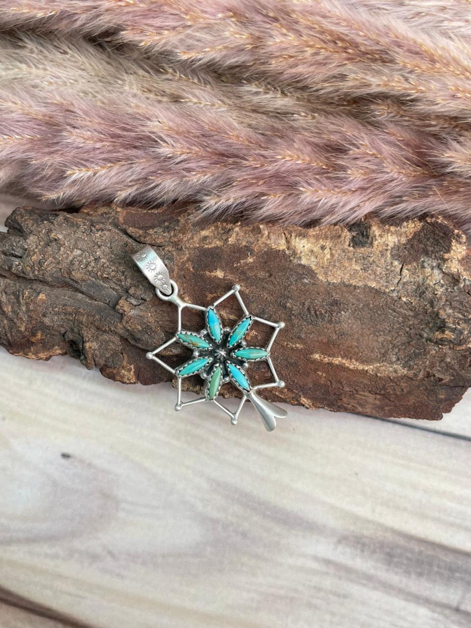 Handmade Sterling Silver Kingman Turquoise Squash Blossom Pendant Signed Nizhoni