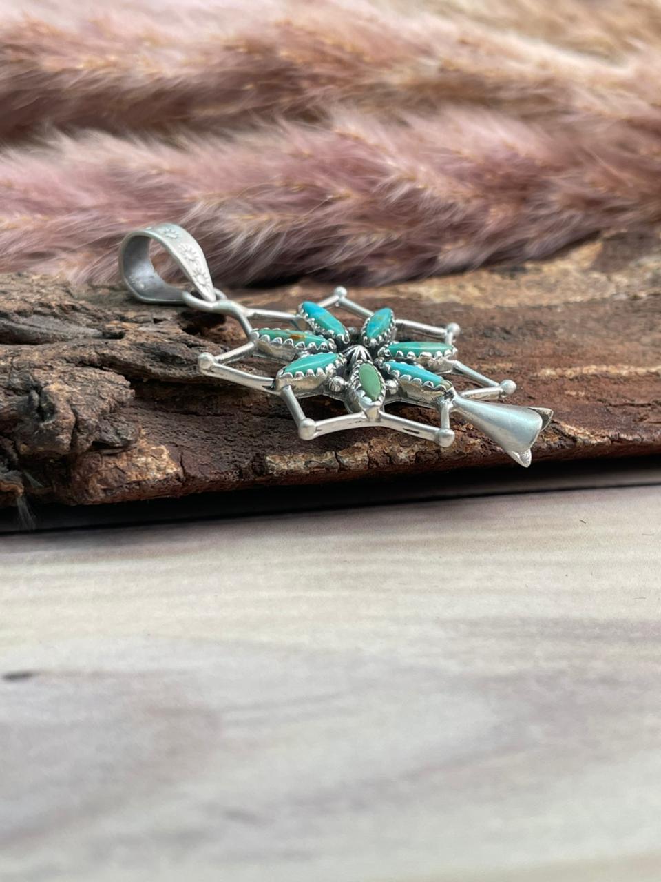 Handmade Sterling Silver Kingman Turquoise Squash Blossom Pendant Signed Nizhoni