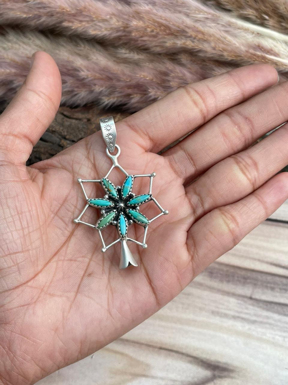 Handmade Sterling Silver Kingman Turquoise Squash Blossom Pendant Signed Nizhoni