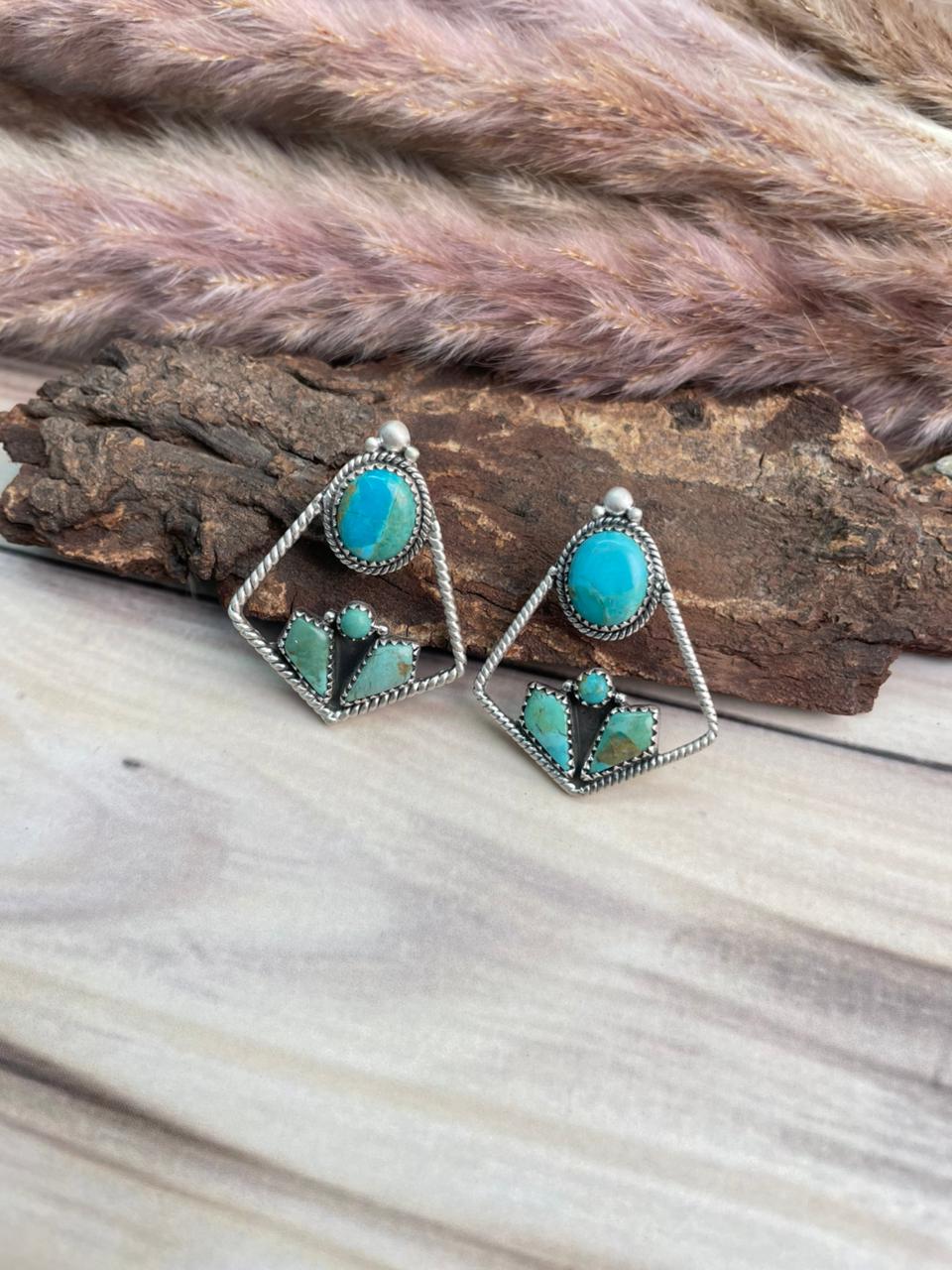 Handmade Sterling Silver Kingman Turquoise Post Earrings Signed Nizhoni