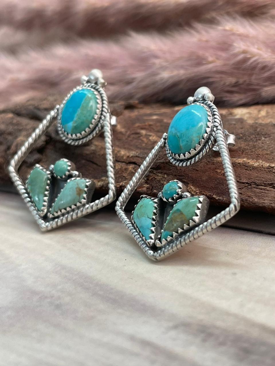 Handmade Sterling Silver Kingman Turquoise Post Earrings Signed Nizhoni