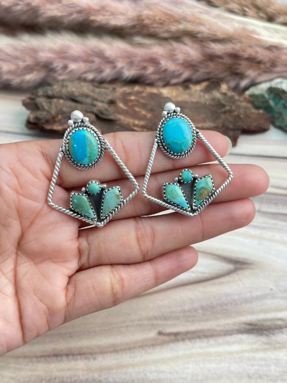 Handmade Sterling Silver Kingman Turquoise Post Earrings Signed Nizhoni