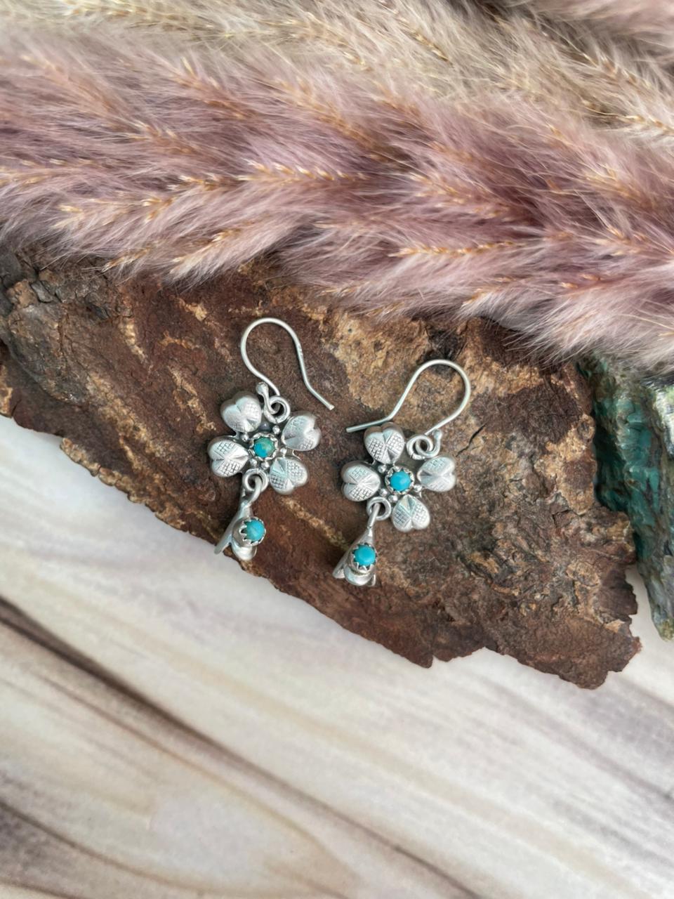 Handmade Sterling Silver Kingman Turquoise Hook Dangle Squash Blossom Earrings Signed Nizhoni