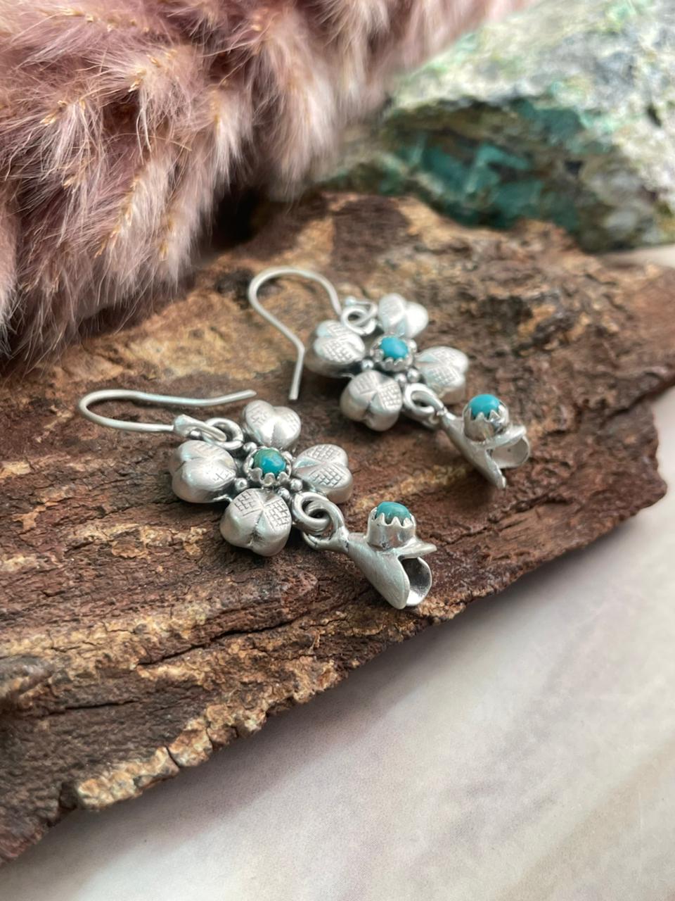 Handmade Sterling Silver Kingman Turquoise Hook Dangle Squash Blossom Earrings Signed Nizhoni