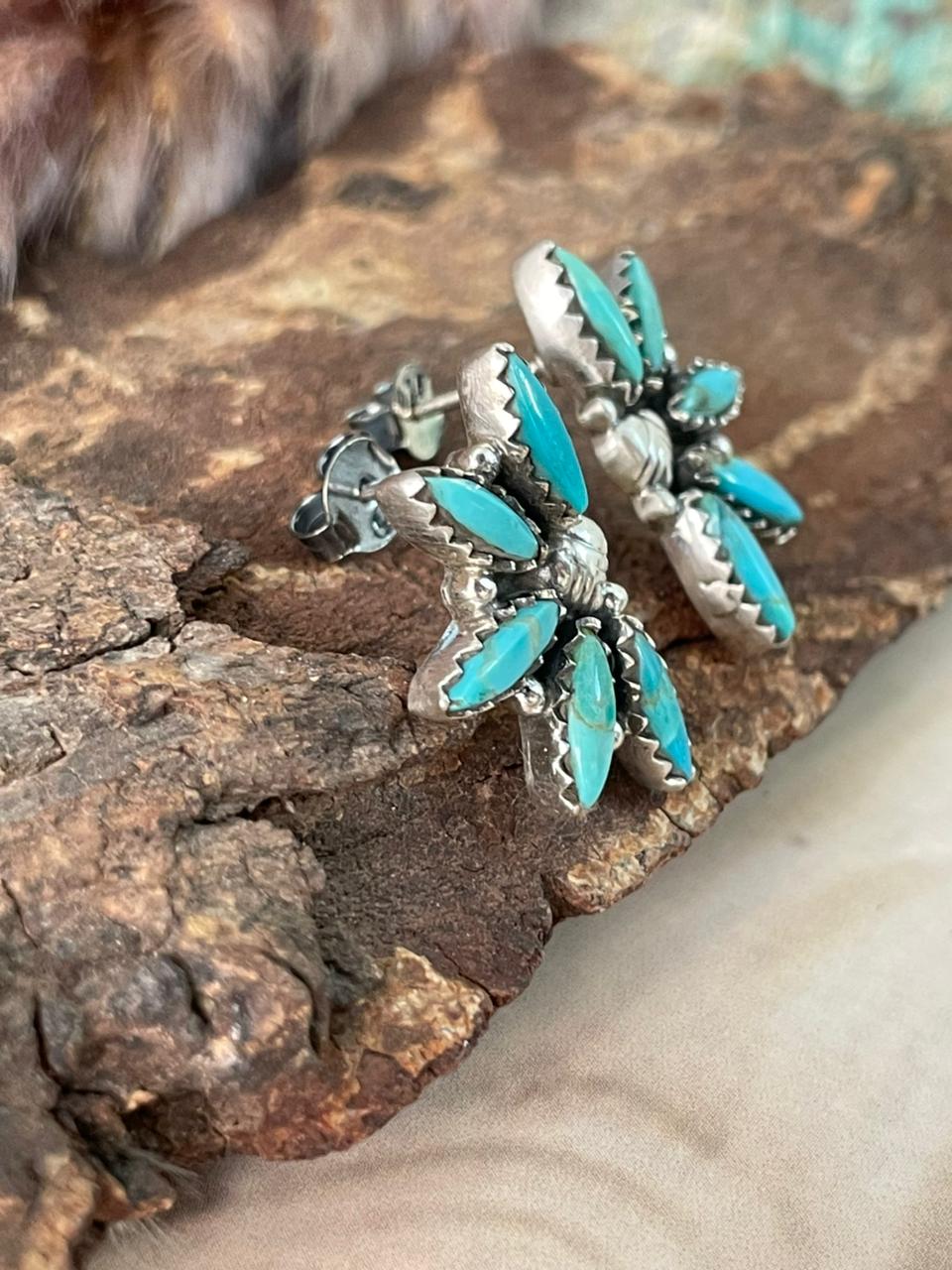 Handmade Sterling Silver Kingman Turquoise Post Studs Earrings Signed Nizhoni