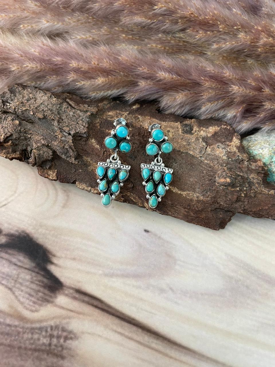Handmade Sterling Silver Kingman Turquoise Post Dangle Earrings Signed Nizhoni